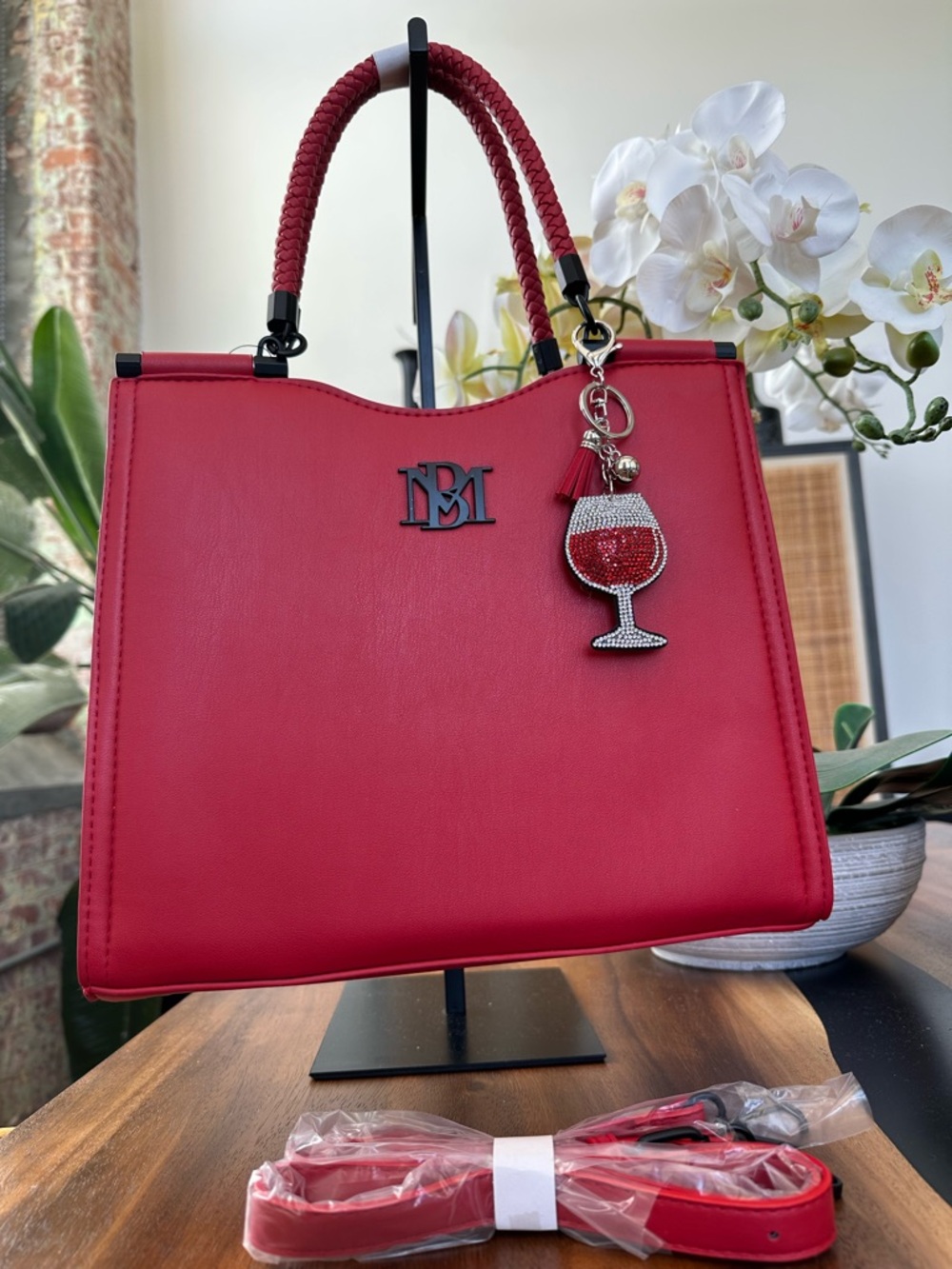 Badgley Mischka Red Satchel Top Handle Crossbody Designer Handbag & Wine Charm